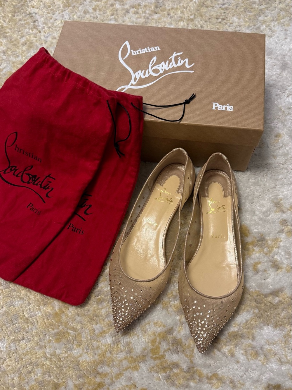 Christian Louboutin Nude Crystal-Studded Pointed Flats